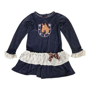 Good Lad Girls Navy Blue Denim Look Horse Embroidery Lace Ruffle Dress Size 6